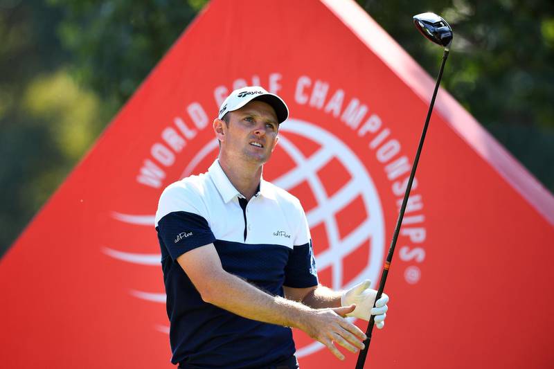 Justin Rose of England tees off during the final round of the WGC-HSBC Champions golf tournament in Shanghai on October 28, 2018.  / AFP / Johannes EISELE
