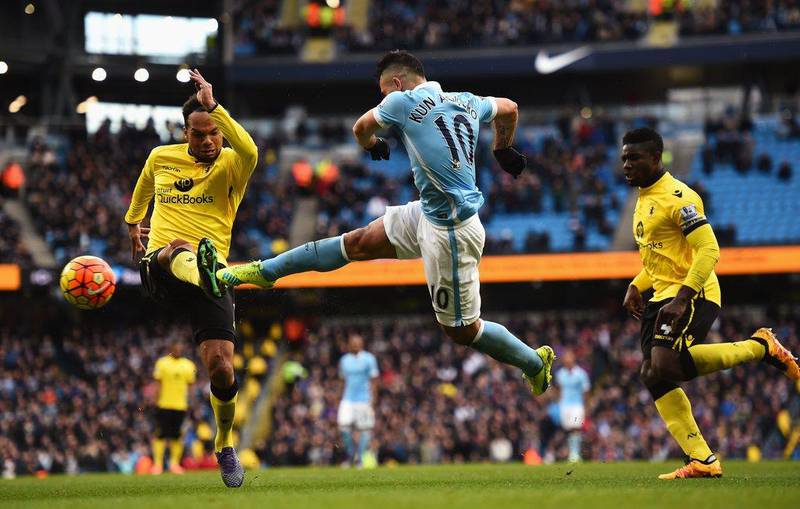 Sergio Aguero of Manchester City scores against Aston Villa. (Photo by Laurence Griffiths/Getty Images)