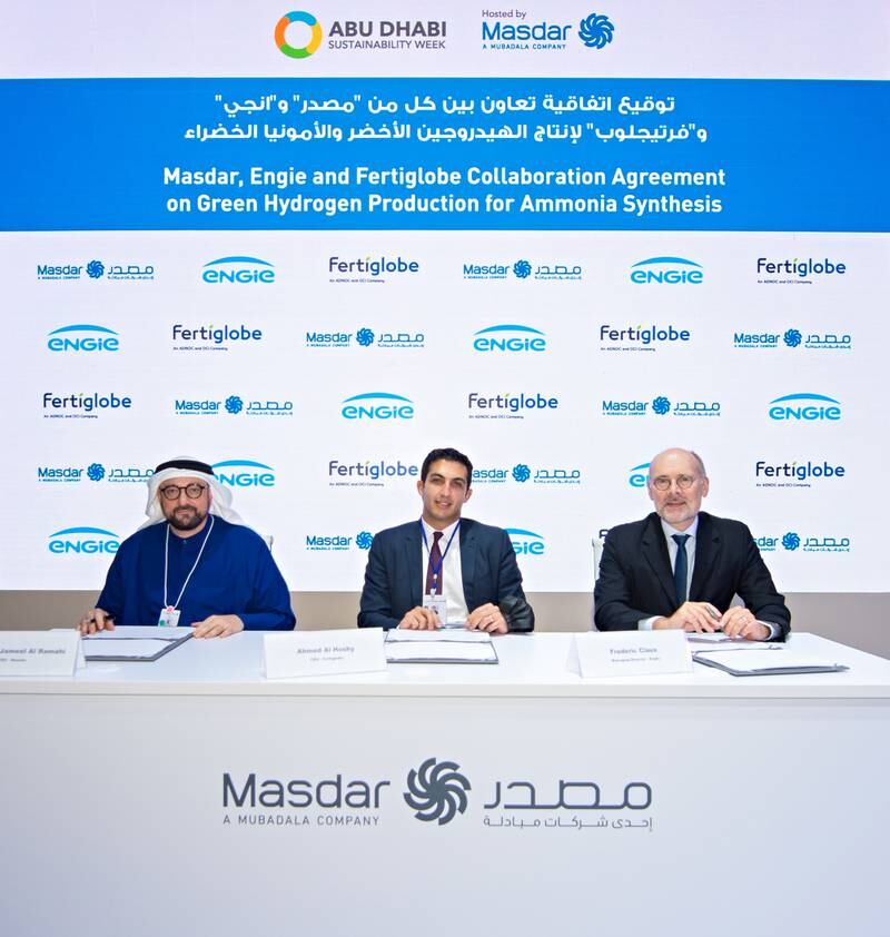 The new agreement on the ammonia production unit was signed by Ahmed El-Hoshy, chief executive of Fertiglobe (center), Mohamed Al Ramahi, chief executive of Masdar (left), and Frederic Claux, managing director of thermal and supply AMEA at Engie