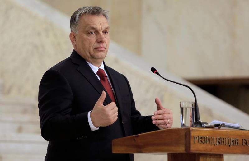 Hungarian Prime Minister  Viktor Orban, speaks to journalists after his meeting with his meeting Bulgarian counterpart in Sofia, Monday, Feb. 19, 2018. Hungary's prime minister says that the new EU plan for relocation of asylum seekers through mandatory quotas was not good for his country. (AP Photo/Valentina Petrova)