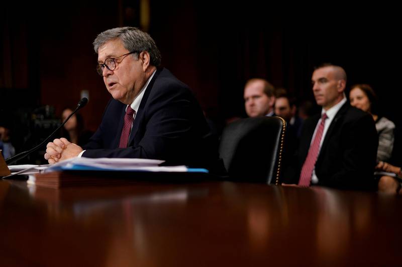 FILE PHOTO: U.S. Attorney General William Barr testifies before a Senate Judiciary Committee hearing entitled "The Justice Department's Investigation of Russian Interference with the 2016 Presidential Election." on Capitol Hill in Washington, U.S., May 1, 2019. REUTERS/Aaron P. Bernstein/File Photo