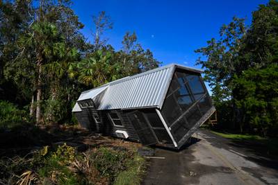 A damaged home in the middle of a road in Steinhatchee, Florida, after Hurricane Idalia made landfall.  AFP