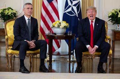US President Donald Trump speaks during a meeting with NATO Secretary General, Jens Stoltenberg at Winfield House in London. AP Photo
