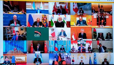 The G20 leaders' virtual meeting in March. The group' finance chiefs on Wednesday agreed to suspend debt payments from the world's poorest nations struggling to deal with the coronavirus fallout. EPA