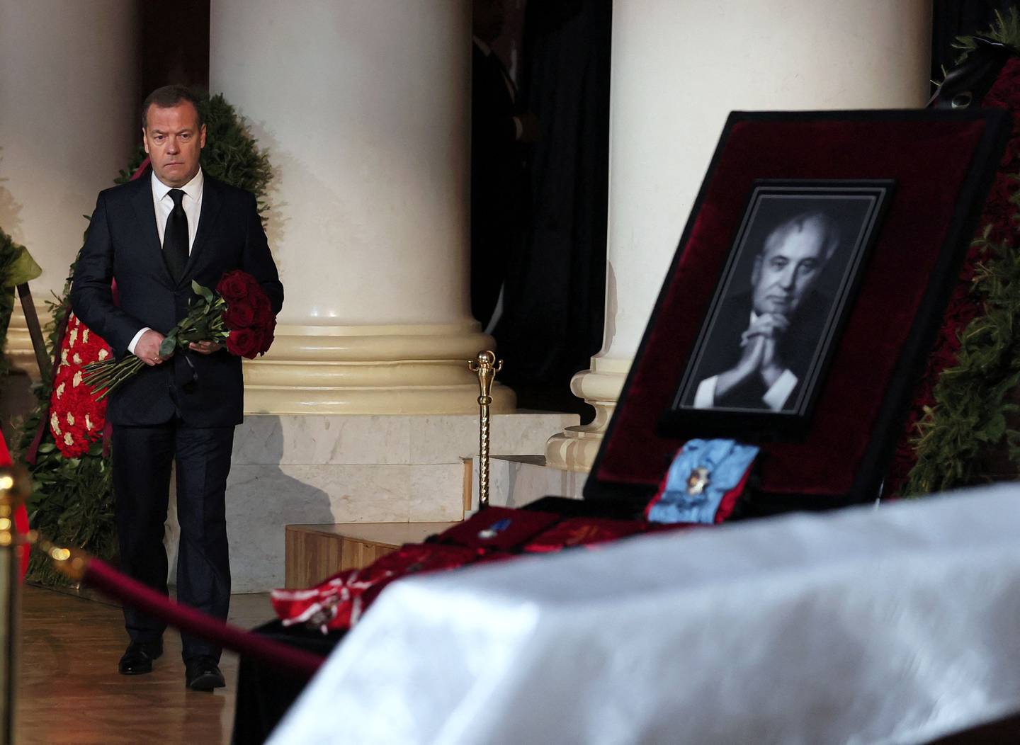 Deputy Chairman of the Russian Security Council Dmitry Medvedev attends the funeral of Mikhail Gorbachev. AFP