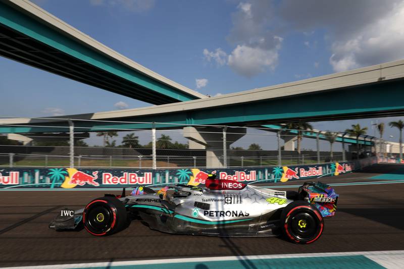 Lewis Hamilton on track during practice ahead of the F1 Grand Prix of Miami. Getty
