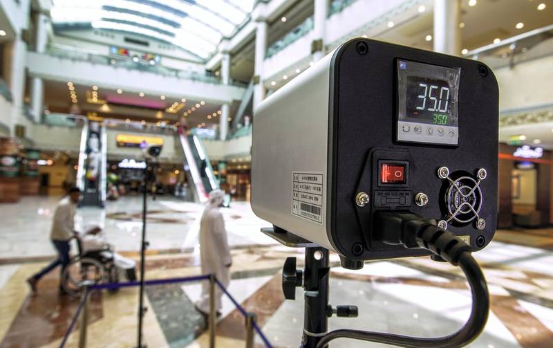 Abu Dhabi, United Arab Emirates, March 11, 2020. Khalidiyah Mall management installs thermal scanners at the entrance ways of the mall to prevent spread of coronavirus.Victor Besa / The NationalSection:  NAReporter:  Kelly Clarke
