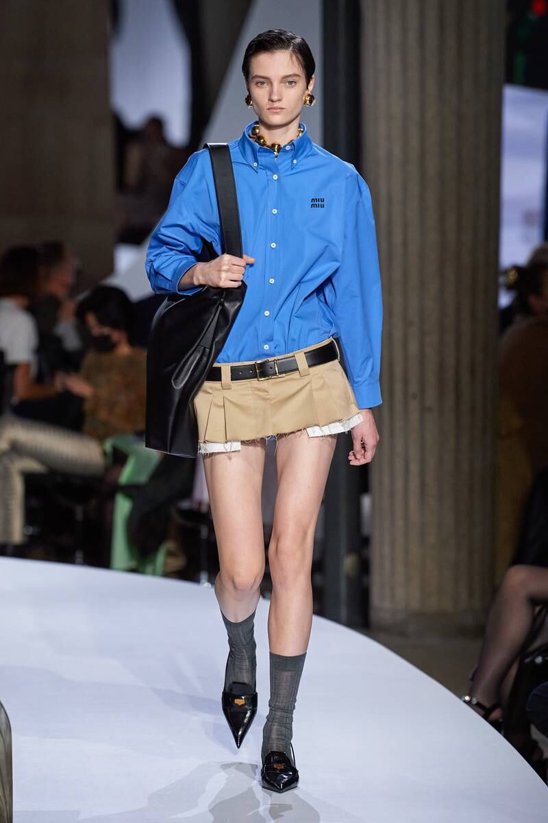 The mini skirt is back, and shorter than ever, as seen here at Miu Miu.