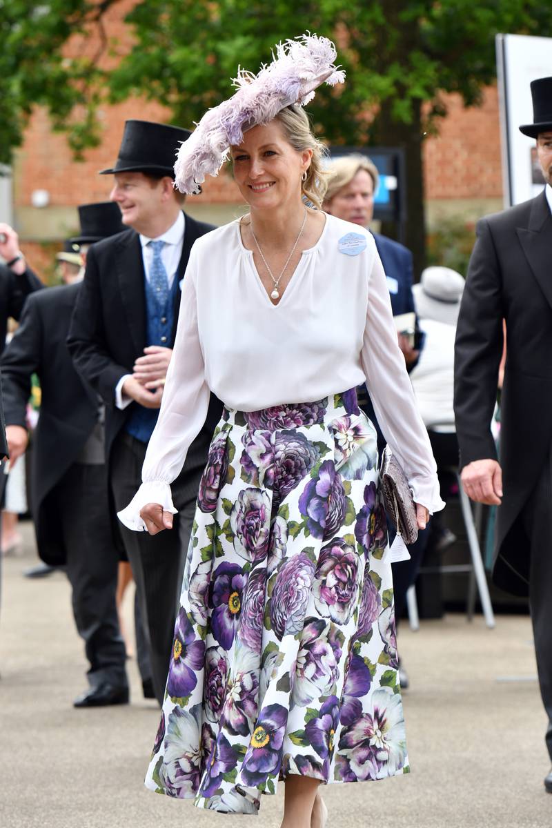 Sophie, Countess of Wessex, in a blush blouse and floral skirt with a Jane Taylor London hat, arrives at Royal Ascot on June 16, 2021. Getty Images 