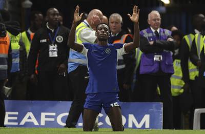 Nicolas Jackson celebrates after scoring his Chelsea's third goal. AP