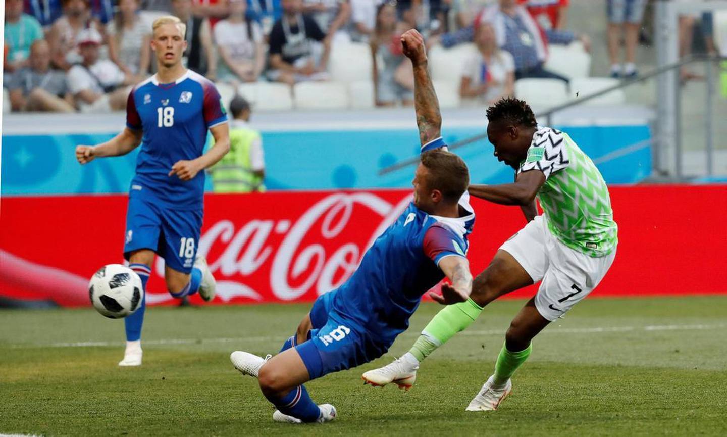 Ahmed Musa shoots to score Nigeria's first goal against Iceland. Toru Hanai / Reuters