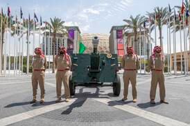 Dubai police doing a demonstration for this coming Ramadan cannon firing in front of Al Wasl dome at the Dubai Police Ramadan Cannon at EXPO City, Dubai.  Ruel Pableo for The National
