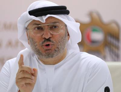 Emirati Foreign Minister Anwar Gargash speaks during a press conference in Dubai on June 18, 2018. The United Arab Emirates, part of a Saudi-led Arab military alliance in Yemen, warned Huthi rebels to withdraw from the key port city of Hodeida as coalition-backed government forces advance.
The "Hodeida port operation will continue unless rebels withdraw unconditionally,"  Gargash told a press conference in Dubai.
 / AFP / KARIM SAHIB

