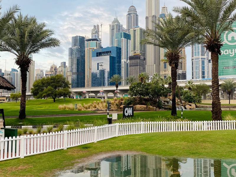 Overnight rain meant the opening round of the 2023 Hero Dubai Desert Classic at Emirates Golf Club was delayed. Photo: Paul Radley / The National