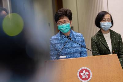 Hong Kong Chief Executive Carrie Lam (left) and Secretary for Food and Health Sophia Chan attend a press conference at the Central Government Offices in Hong Kong, China.  EPA