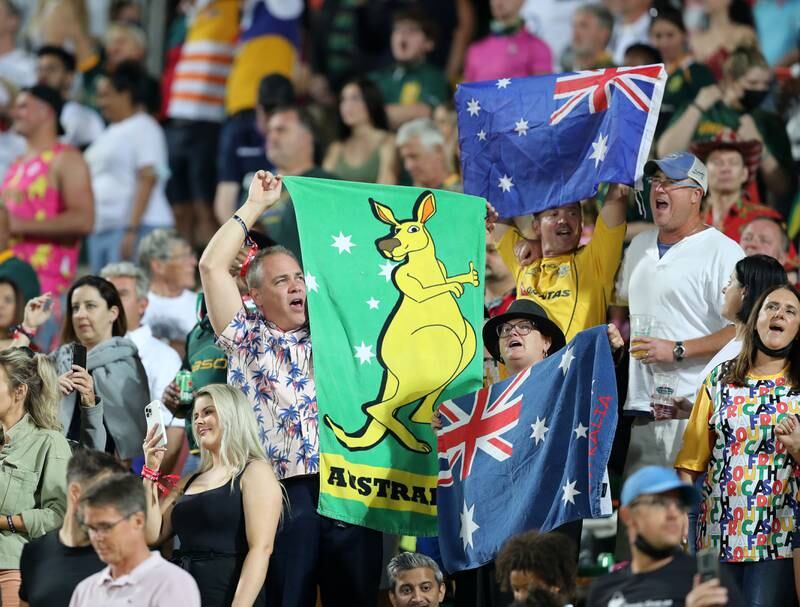 Australia fans cheer on their team during the Dubai Sevens final.