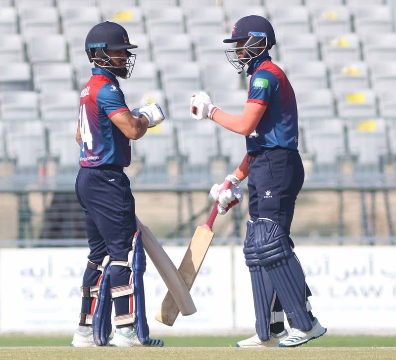 Kushal Bhurtel, left, was unbeaten on 104 as Nepal amassed 218 for three from their 20 overs against the Philippines at the Oman Cricket Academy. Photo: Subas Humagain