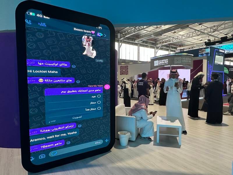 A screen showing Beem's messaging features at the STC-backed app's stand during the Leap technology exhibition in Riyadh. Alvin R Cabral / The National