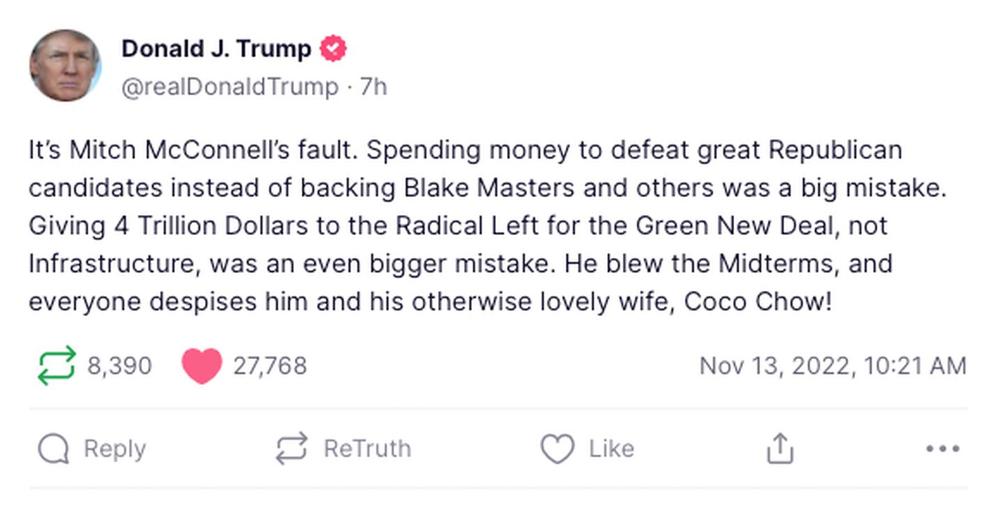 Screenshot of Donald Trump's Truth Social post about Mitch McConnell