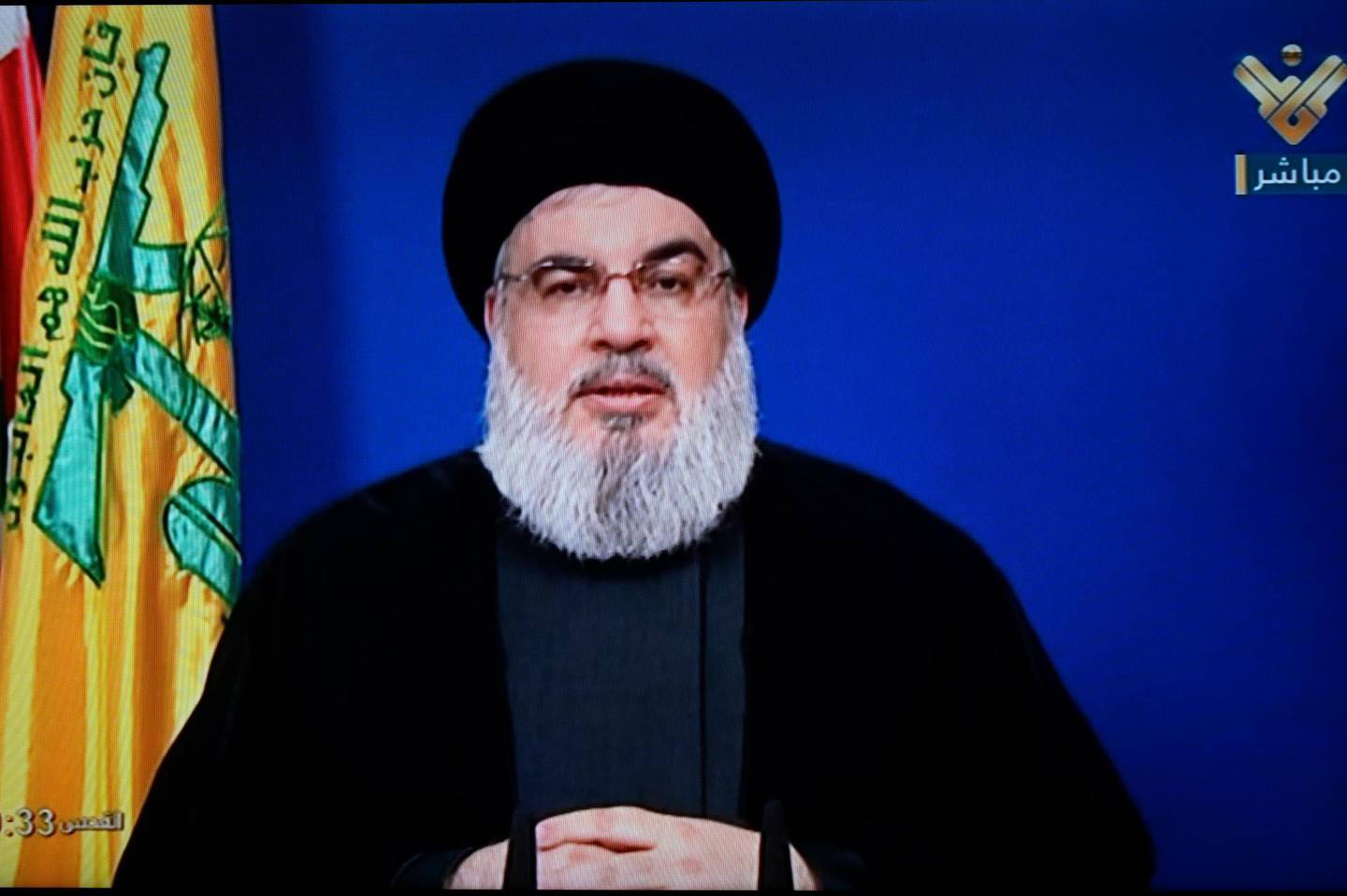 epa08706493 A grab photo made from Hezbollah's al-Manar TV shows Hezbollah leader Sayyed Hassan Nasrallah giving a speech in Beirut, Lebanon, 29 September 2020. Reports state Sayyed Nasrallah hits back at Israeli Prime Minister Benjamin Netanyahu who claimed that Hezbollah allegedly has a missile factory south of Beirut and said Lebanese media outlets are called upon to tour in the area in a bid to refute Netanyahu's lies.  EPA/WAEL HAMZEH HANDOUT  HANDOUT EDITORIAL USE ONLY/NO SALES
