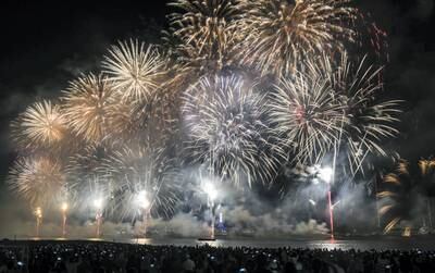 Abu Dhabi, United Arab Emirates - The massive colourful display of fireworks to ring in 2019 at the Corniche on December 31, 2018. Khushnum Bhandari for The National