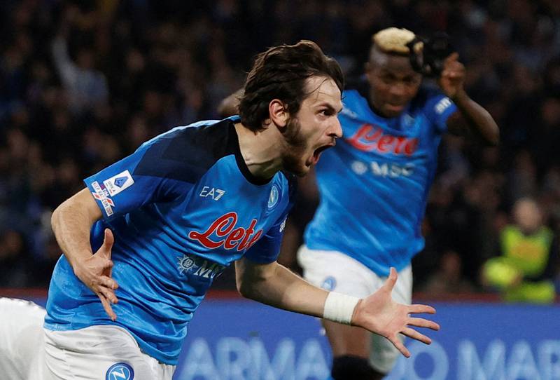 Napoli's Khvicha Kvaratskhelia celebrates scoring their first goal against Atalanta. Reuters