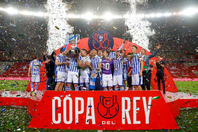 Real Sociedad players celebrate winning the Copa del Rey. Reuters