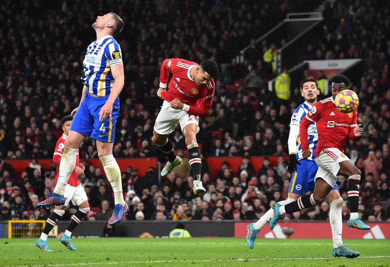 United's Cristiano Ronaldo heads a chance wide in the second half. Reuters