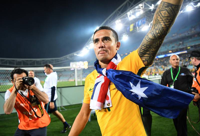 epa06331001 Australia's Tim Cahill celebrates after winning the 2018 FIFA World Cup second leg play-off soccer match between Australia and Honduras, in Sydney, Australia, 15 November 2017.  EPA/DAVID MOIR AUSTRALIA AND NEW ZEALAND OUT