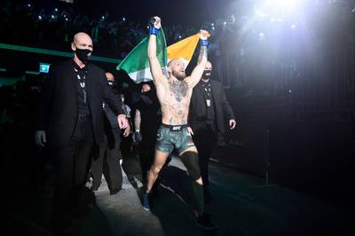 ABU DHABI, UNITED ARAB EMIRATES - JANUARY 23: Conor McGregor of Ireland prepares to fight Dustin Poirier in a lightweight fight during the UFC 257 event inside Etihad Arena on UFC Fight Island on January 23, 2021 in Abu Dhabi, United Arab Emirates. (Photo by Chris Unger/Zuffa LLC)