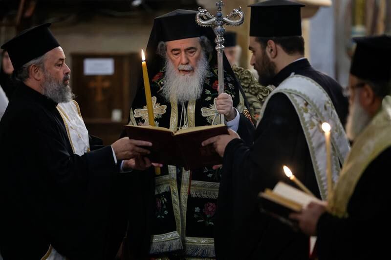 Greek Orthodox Patriarch of Jerusalem Theophilos III attends a special prayer for peace. Reuters