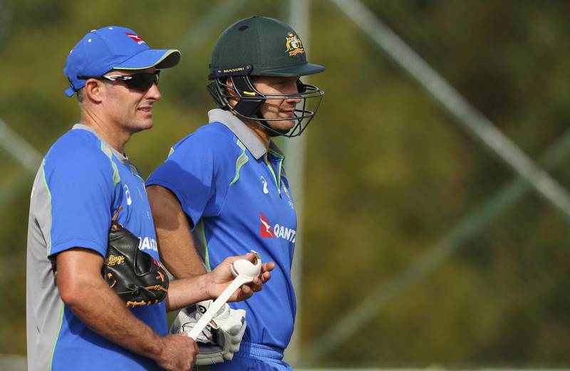 Austalian Consultant Mike Hussey and Shane Watson of Australia look on during an Australian nets session ahead of the ICC 2016 Twenty20 World Cup on March 16, 2016 in Dharamsala, India. (Photo by Ryan Pierse/Getty Images) 