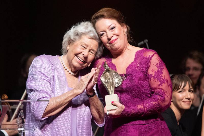 Swedish opera singer Nina Stemme, right, poses with Christa Ludwig on stage after receiving the European Cultural Award Taurus for music in 2019. EPA