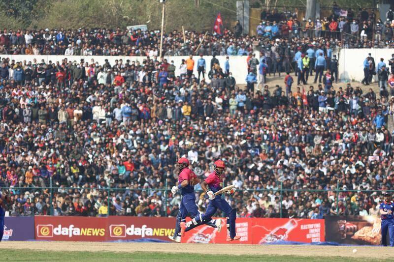UAE captain Muhammad Waseem, left, and Vriitya Aravind scored quick fifties in front a capacity crowd at the TU International Cricket Stadium in Kathmandu on Thursday