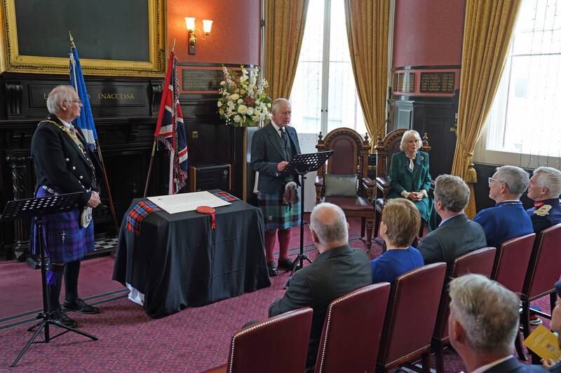 King Charles and Camilla, Queen Consort attend an official council meeting at the City Chambers in Dunfermline. Getty