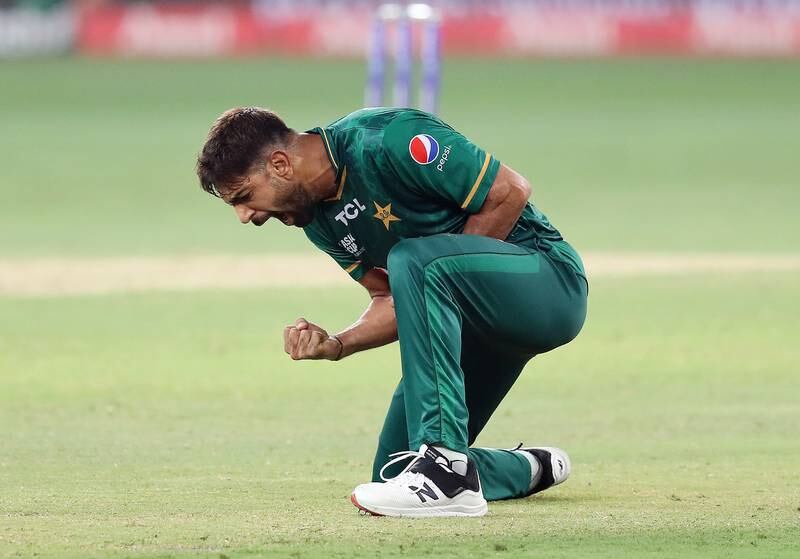 Pakistan bowler Haris Rauf after taking the wicket of Sri Lanka's Wanindu Hasaranga de Silva.