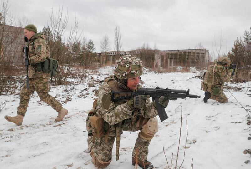 Reservists from the Ukrainian Territorial Defence Forces take part in military exercises on the outskirts of Kiev. Reuters