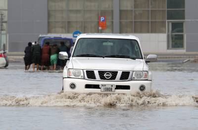 A flooded road in Al Quoz Industrial area, Dubai. Pawan Singh / The National