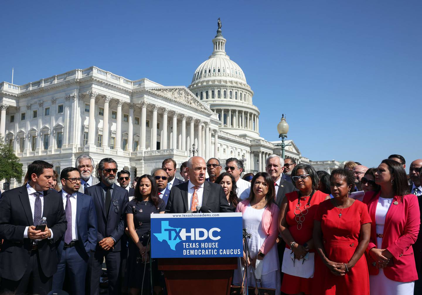 Joined by fellow Texas state House Democrats, Chris Turner speaks during a news conference on voting rights outside the US Capitol on July 13, 2021 in Washington. AFP