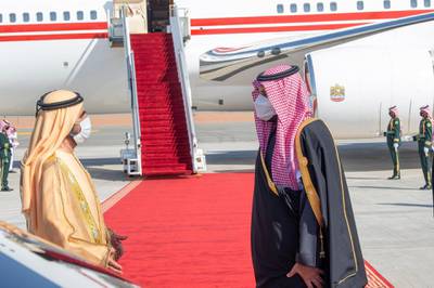 Crown Prince Mohammed bin Salman (R) welcoming Dubai's Ruler and UAE Vice President Sheikh Mohammed bin Rashid upon his arrival in the city of al-Ula in northwestern Saudi Arabia for the 41st Gulf Cooperation Council (GCC) summit.. SPA