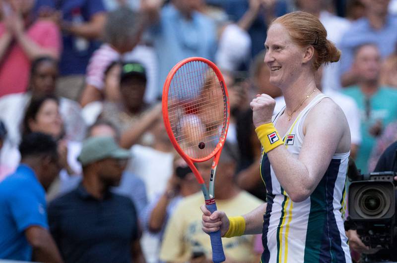 Alison van Uytvanck of Belgium reacts after defeating Venus Williams in their US Open first round match. AFP