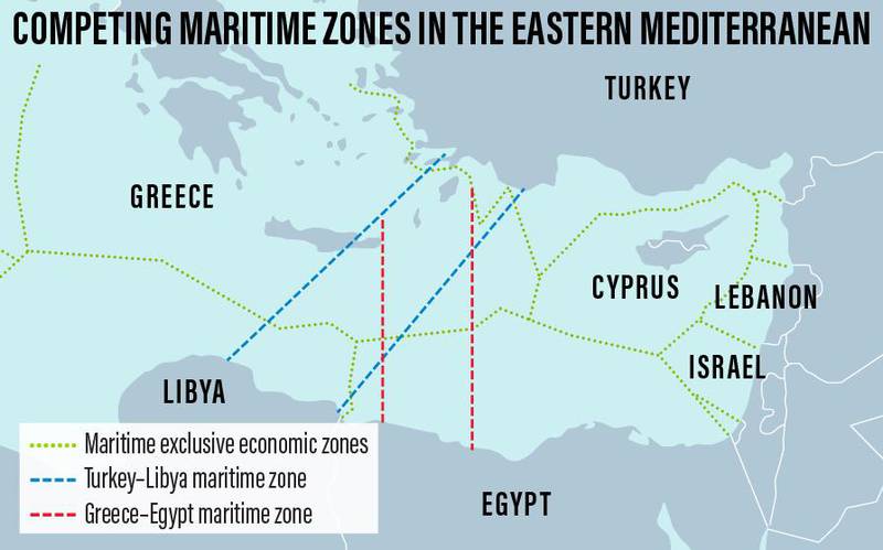 Map shows competing maritime borders according to agreements made by Athens and Cairo, Tripoli and Ankara