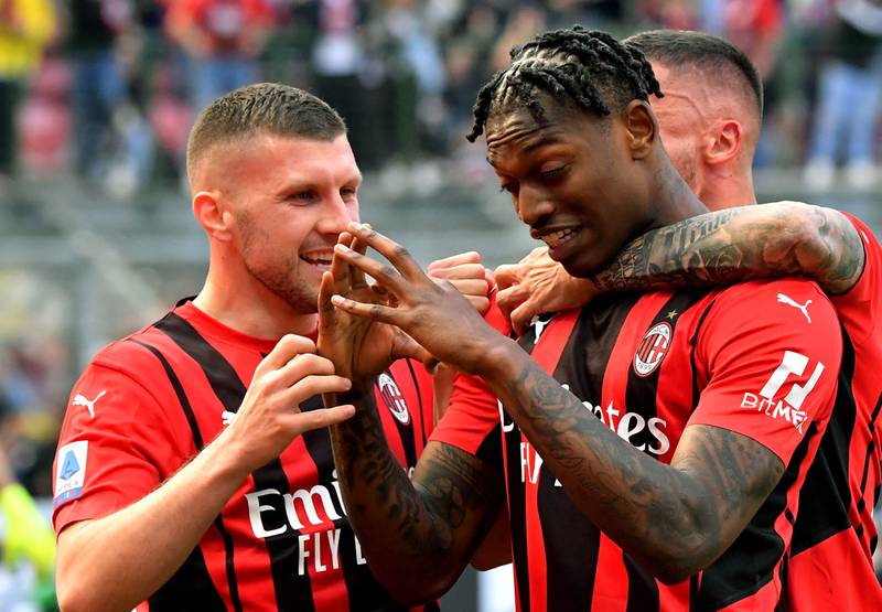 AC Milan attacker Rafael Leao celebrates after scoring the winner against Fiorentina at the San Siro, on Sunday, May 1, 2022. AFP
