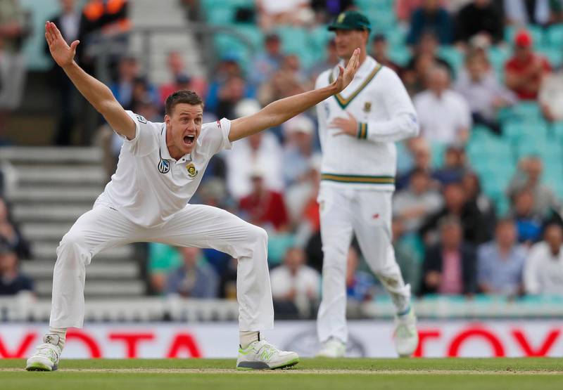 FILE - In this file photo dated Friday, July 28, 2017, South Africa's Morne Morkel celebrates taking the wicket of England's Moeen Ali for LBW on the second day of the third Test match between England and South Africa at The Oval cricket ground in London.  South Africa fast bowler Morne Morkel said Monday Feb. 26, 2018, he will retire from all forms of international cricket after the upcoming test series against Australia. (AP Photo/Kirsty Wigglesworth, FILE)