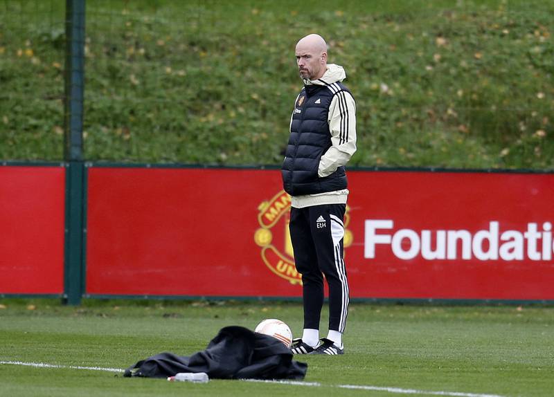 Manchester United manager Erik ten Hag leads training. Reuters