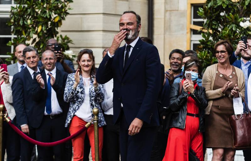 Edouard Philippe, France's former prime minister, reacts during a handover ceremony at the Hotel de Matignon, the official residence of the French prime minister, in Paris, France, on Friday, July 3, 2020. Emmanuel Macron asked his prime minister, Edouard Philippe, and his government to resign on Friday as the French president seeks a fresh start after a disastrous municipal election last month. Photographer: Jeanne Frank/Bloomberg