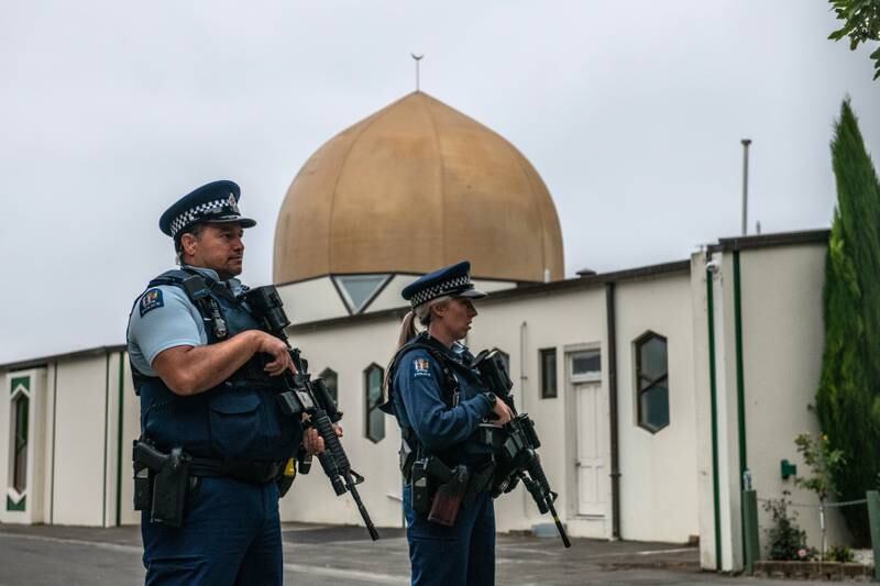 Armed police guard Al Noor mosque in Christchurch in 2019. Getty Images
