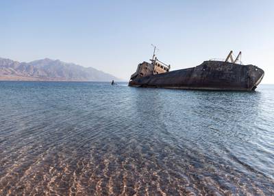 TABUK, KINGDOM OF SAUDI ARABIA. 30 SEPTEMBER 2019. Safinat Haql on the Gulf of Aqabah. 50 kilometers south of the city of Haql, the shipwreck lays.This vessel was built in England after the end of the Second World War, it was launched in 1958 as a cargo liner and at the time of its doomed trip it was carrying a cargo of flour and was owned by the Saudi businessman Amer Mohamad al Sanousi who had purchased the vessel shortly before the accident.(Photo: Reem Mohammed/The National)Reporter:Section: