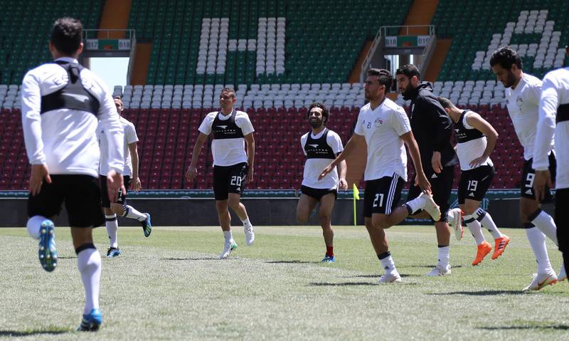 Egypt's players take part in a training at the Akhmat Arena stadium in Grozny, Russia, on June 13, 2018, ahead of the Russia 2018 World Cup football tournament. Karim Jaafar / AFP