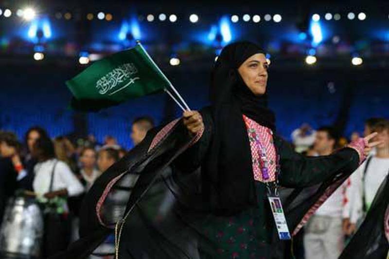 Sarah Attar of Saudi Arabia enters the stadium during the Opening Ceremony of the London 2012 Olympic Games.